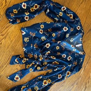 Bohemian floral Blouse with accent tie waste and slight clinching on arms